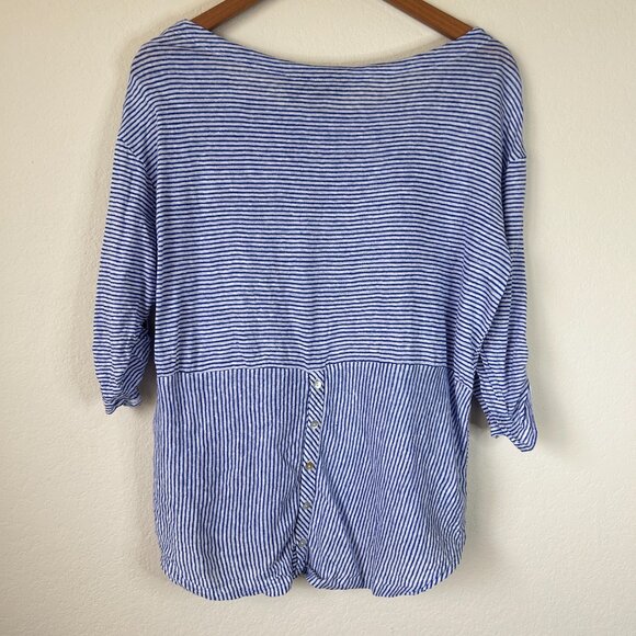 Adrienne Vittadini Top Womens 1X Plus Blue White Striped Linen Roll Tab Shirt - Picture 6 of 8